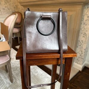 Elegant Brown Real Leather Crossbody Bag with Black Ring Handles